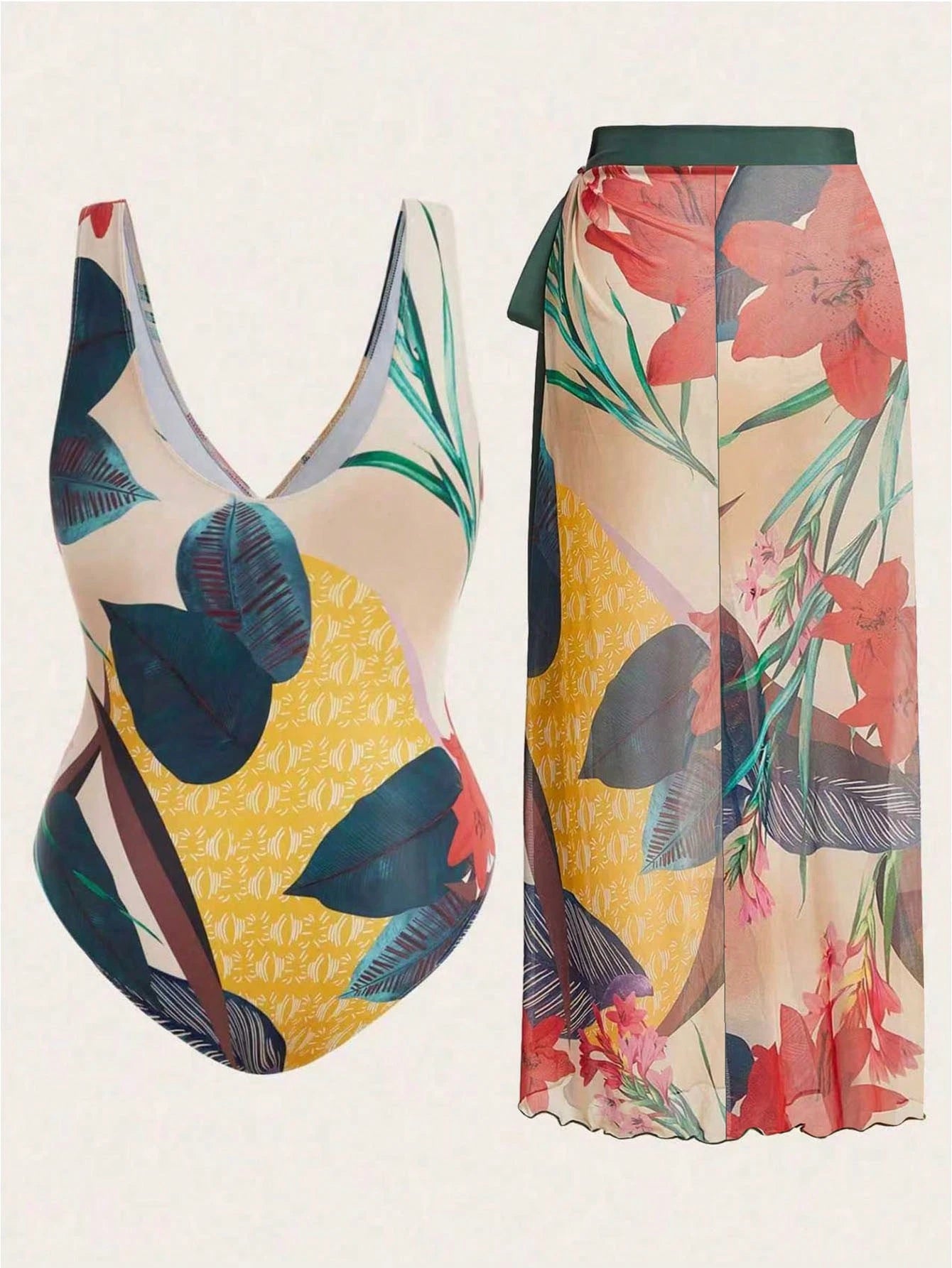 Swim Oasis Summer Beach Plus Size Floral Print V Neck One-Piece Swimsuit With Cover-Up Skirt