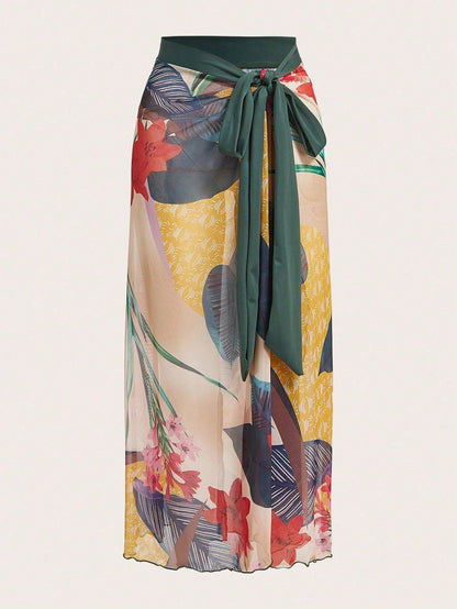 Swim Oasis Summer Beach Plus Size Floral Print V Neck One-Piece Swimsuit With Cover-Up Skirt