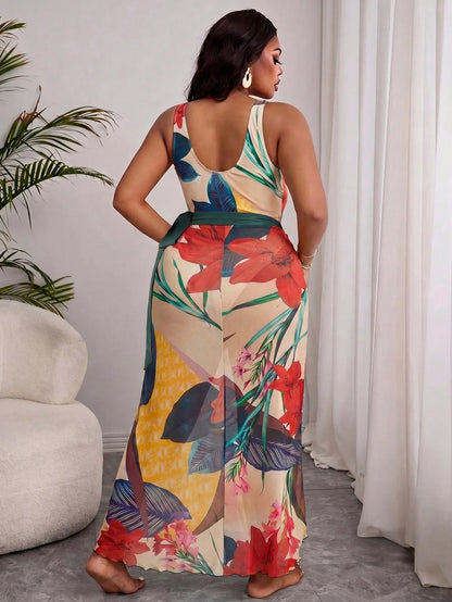 Swim Oasis Summer Beach Plus Size Floral Print V Neck One-Piece Swimsuit With Cover-Up Skirt