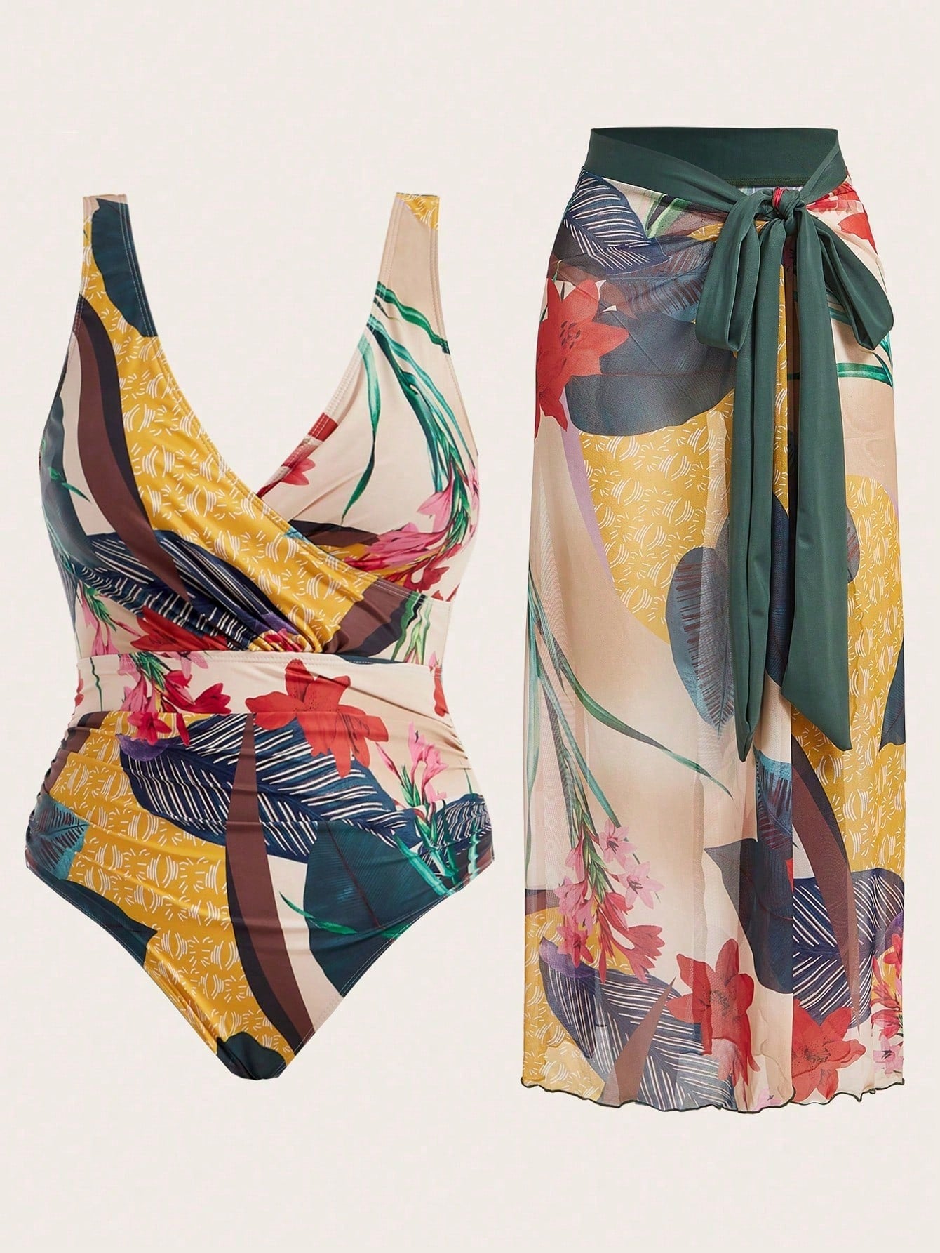 Swim Oasis Summer Beach Plus Size Floral Print V Neck One-Piece Swimsuit With Cover-Up Skirt