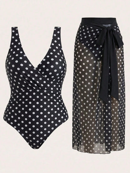 Swim Oasis Summer Beach Plus Size Floral Print V Neck One-Piece Swimsuit With Cover-Up Skirt