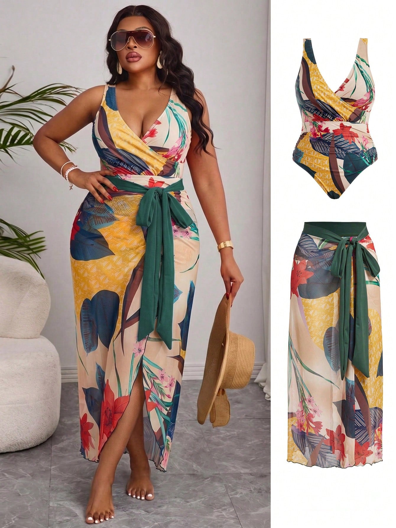 Swim Oasis Summer Beach Plus Size Floral Print V Neck One-Piece Swimsuit With Cover-Up Skirt