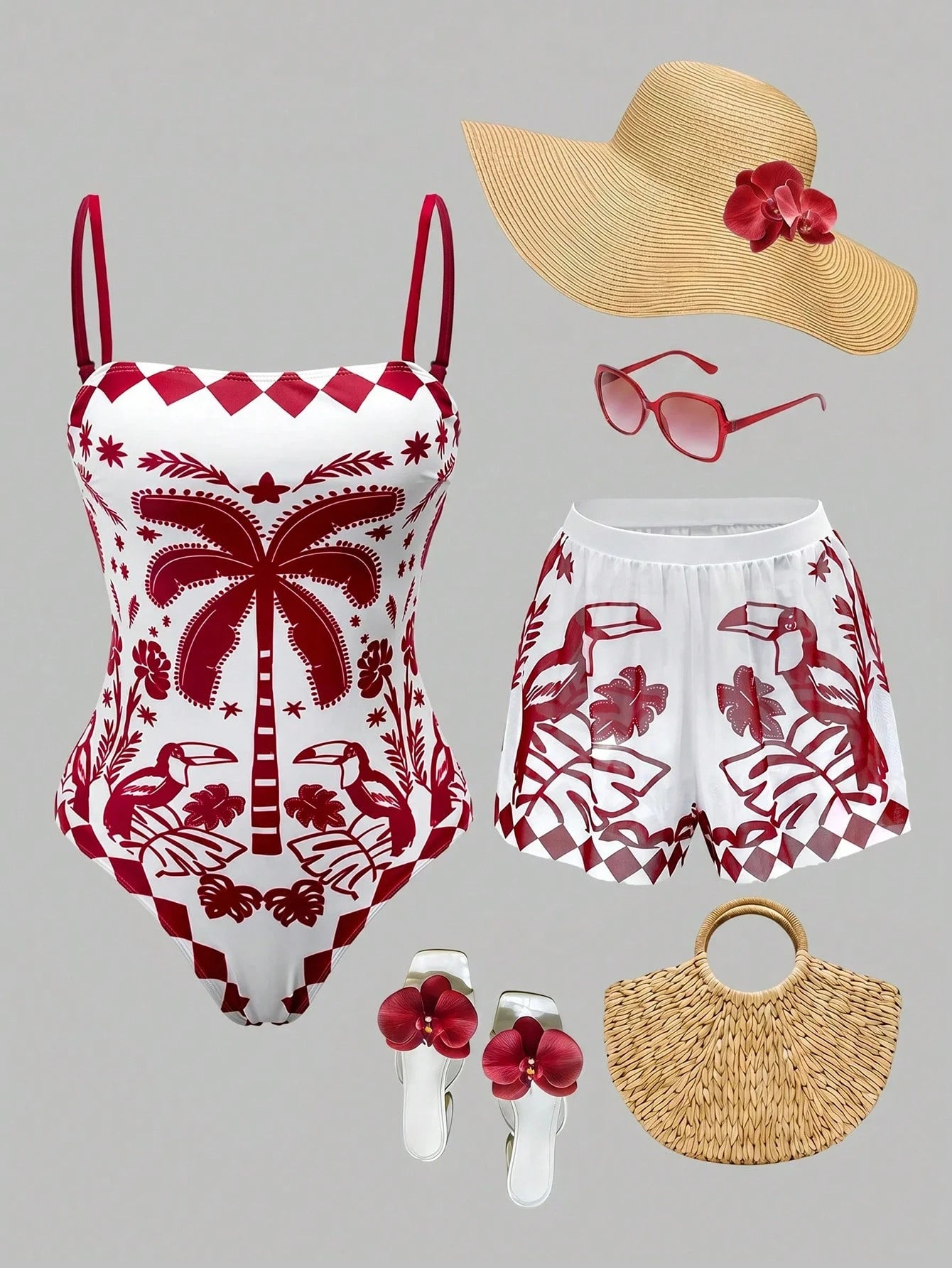 Swim Oasis Women's Tropical Plant Print Colorblock One-Piece Swimsuit And Shorts Set For Vacation Beach