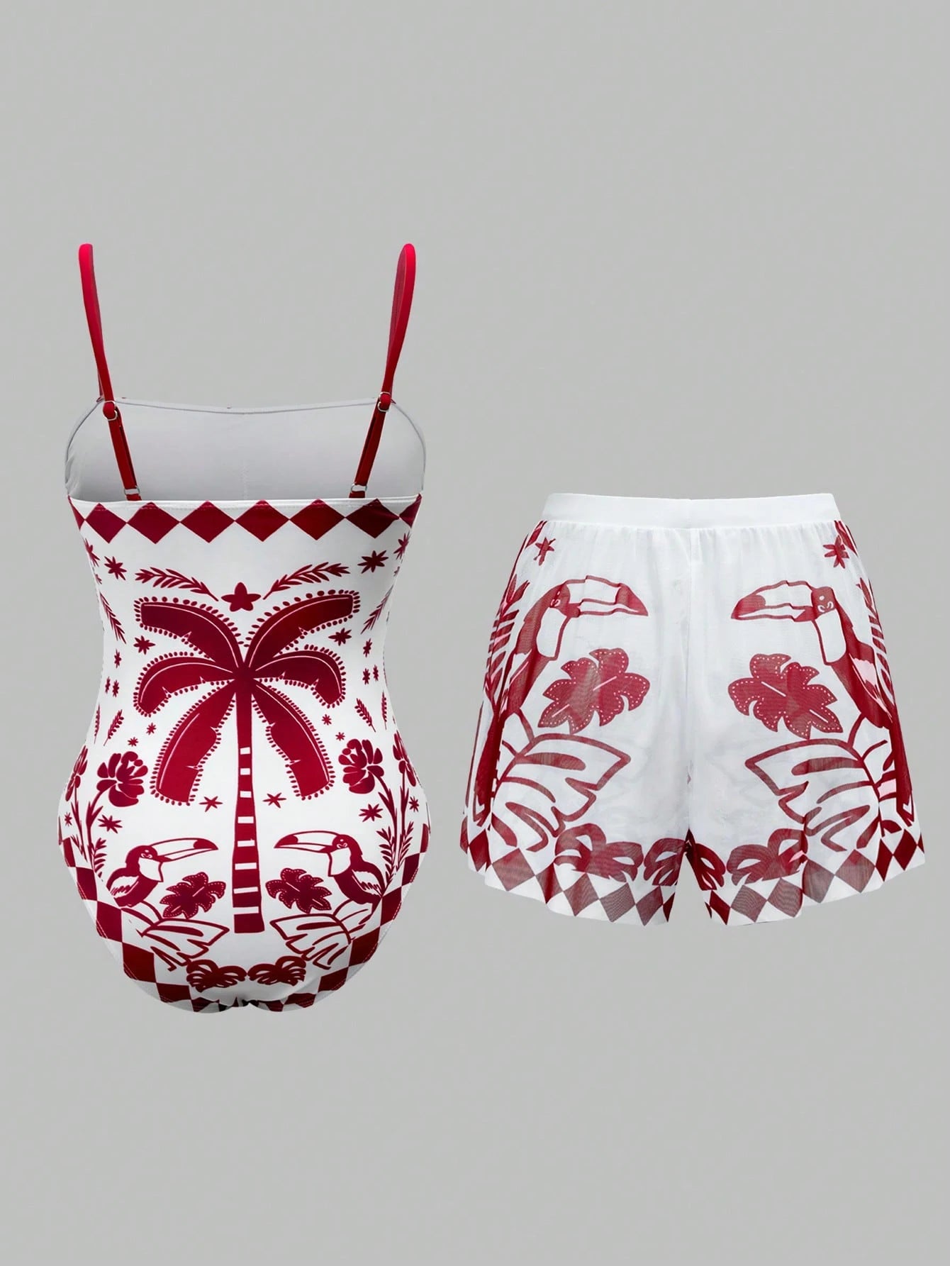 Swim Oasis Women's Tropical Plant Print Colorblock One-Piece Swimsuit And Shorts Set For Vacation Beach