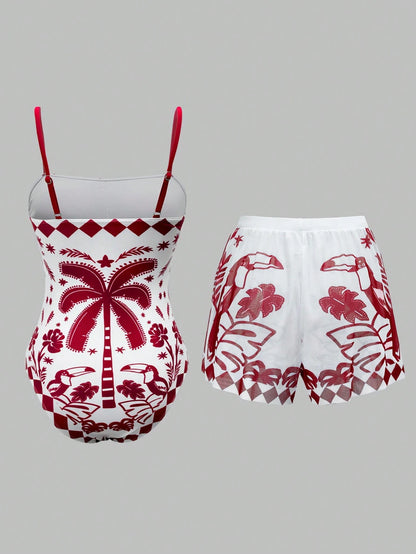 Swim Oasis Women's Tropical Plant Print Colorblock One-Piece Swimsuit And Shorts Set For Vacation Beach