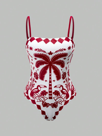 Swim Oasis Women's Tropical Plant Print Colorblock One-Piece Swimsuit And Shorts Set For Vacation Beach