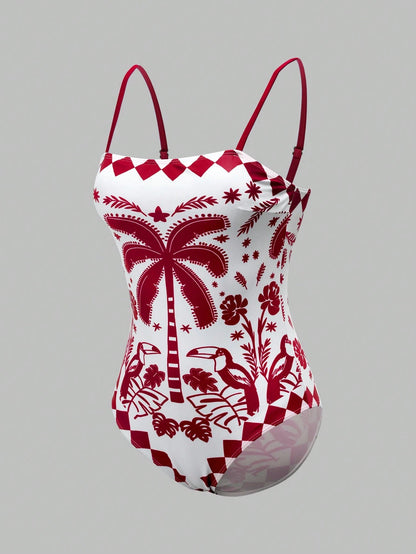 Swim Oasis Women's Tropical Plant Print Colorblock One-Piece Swimsuit And Shorts Set For Vacation Beach