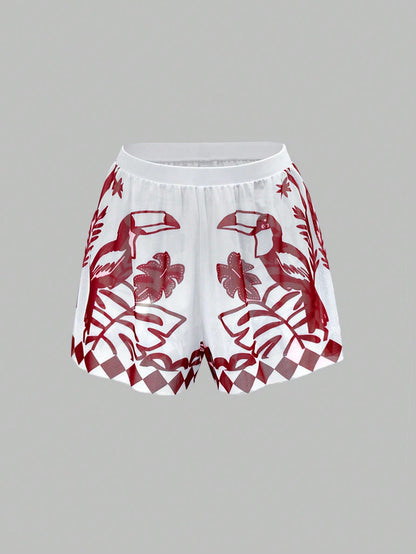 Swim Oasis Women's Tropical Plant Print Colorblock One-Piece Swimsuit And Shorts Set For Vacation Beach