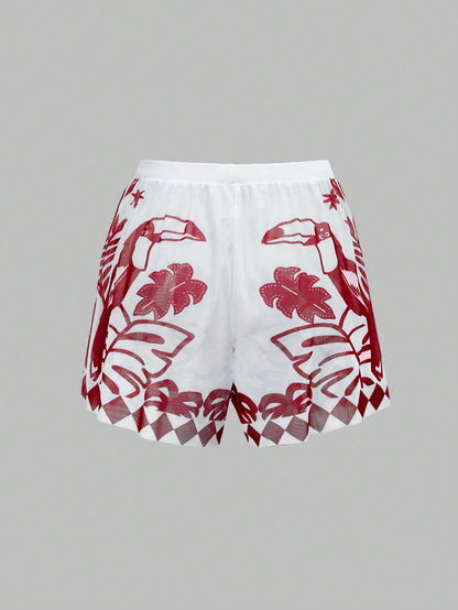 Swim Oasis Women's Tropical Plant Print Colorblock One-Piece Swimsuit And Shorts Set For Vacation Beach