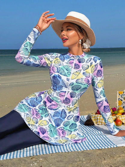 Swim Shayni 2 Pieces Women Set:Tropical Shell Print White Blue,Summer,Casual,Modest,Beach,Holiday,Holiday Middle East Lady Burkini Long Sleeve Mock Neck Top&Pants