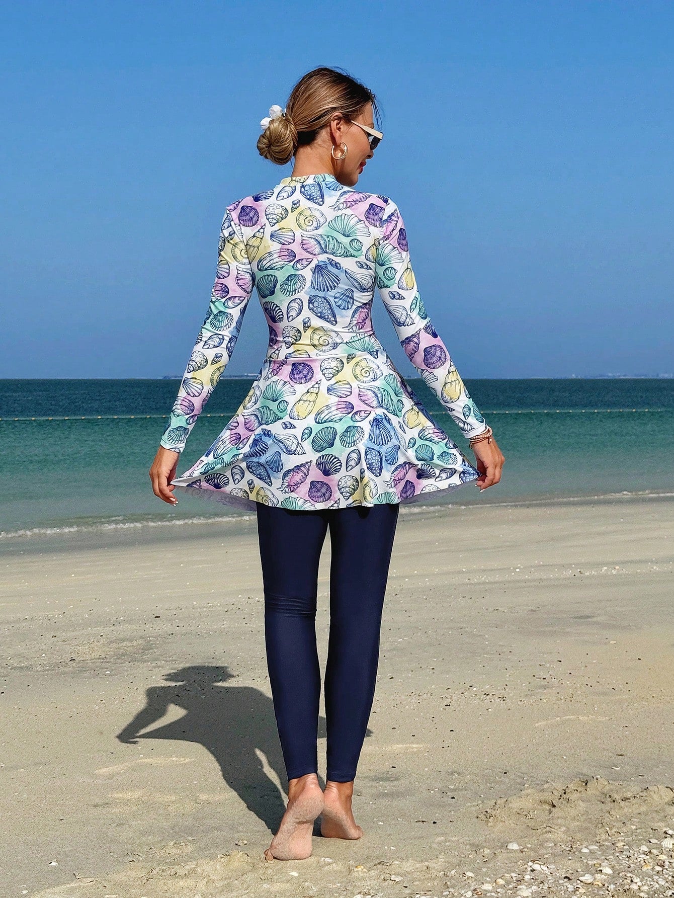 Swim Shayni 2 Pieces Women Set:Tropical Shell Print White Blue,Summer,Casual,Modest,Beach,Holiday,Holiday Middle East Lady Burkini Long Sleeve Mock Neck Top&Pants