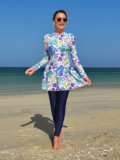 Swim Shayni 2 Pieces Women Set:Tropical Shell Print White Blue,Summer,Casual,Modest,Beach,Holiday,Holiday Middle East Lady Burkini Long Sleeve Mock Neck Top&Pants