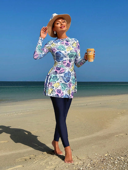 Swim Shayni 2 Pieces Women Set:Tropical Shell Print White Blue,Summer,Casual,Modest,Beach,Holiday,Holiday Middle East Lady Burkini Long Sleeve Mock Neck Top&Pants
