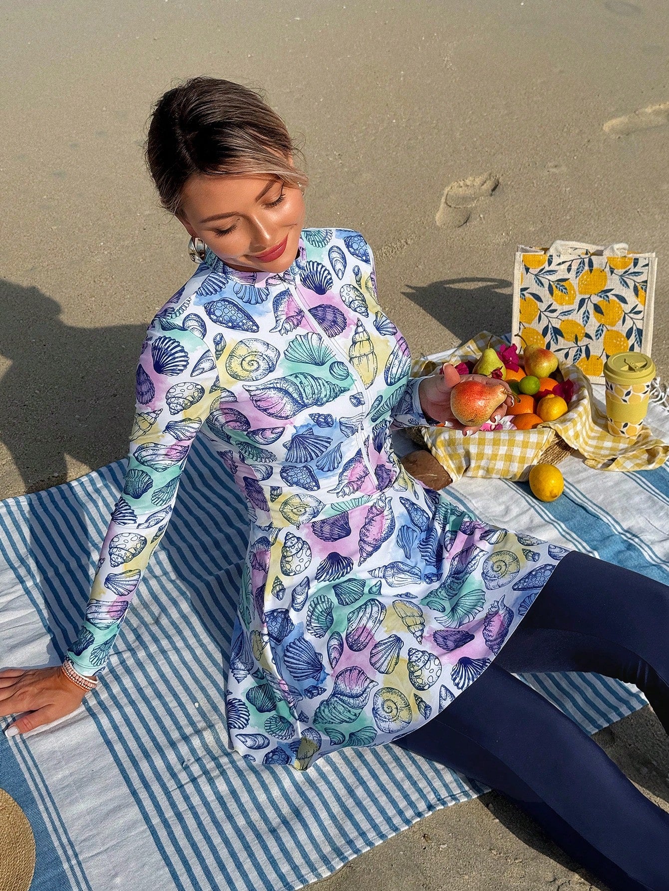 Swim Shayni 2 Pieces Women Set:Tropical Shell Print White Blue,Summer,Casual,Modest,Beach,Holiday,Holiday Middle East Lady Burkini Long Sleeve Mock Neck Top&Pants