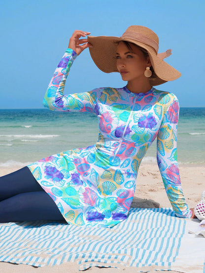 Swim Shayni 2 Pieces Women Set:Tropical Shell Print White Blue,Summer,Casual,Modest,Beach,Holiday,Holiday Middle East Lady Burkini Long Sleeve Mock Neck Top&Pants