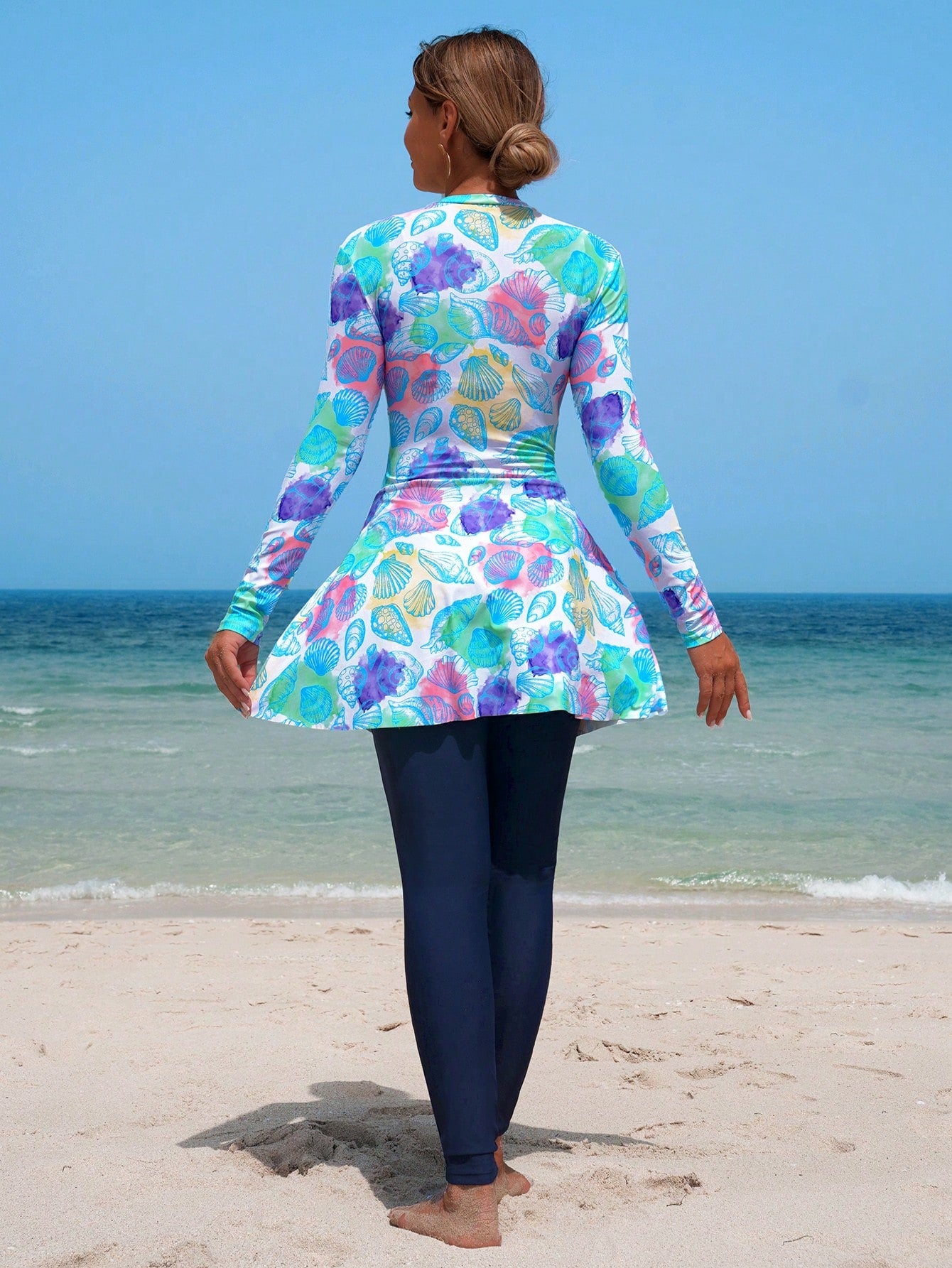Swim Shayni 2 Pieces Women Set:Tropical Shell Print White Blue,Summer,Casual,Modest,Beach,Holiday,Holiday Middle East Lady Burkini Long Sleeve Mock Neck Top&Pants