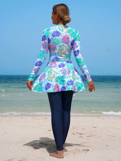 Swim Shayni 2 Pieces Women Set:Tropical Shell Print White Blue,Summer,Casual,Modest,Beach,Holiday,Holiday Middle East Lady Burkini Long Sleeve Mock Neck Top&Pants