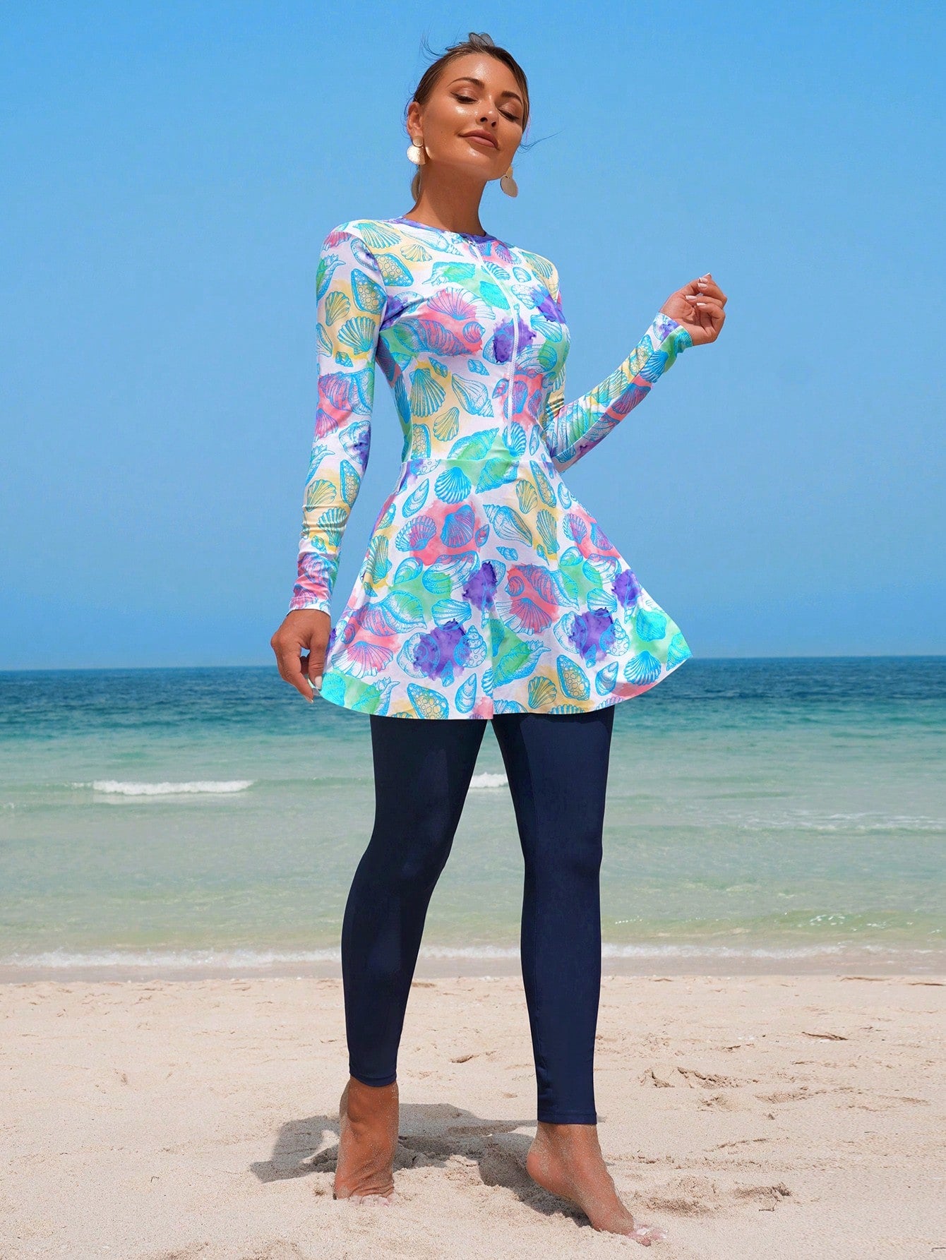 Swim Shayni 2 Pieces Women Set:Tropical Shell Print White Blue,Summer,Casual,Modest,Beach,Holiday,Holiday Middle East Lady Burkini Long Sleeve Mock Neck Top&Pants