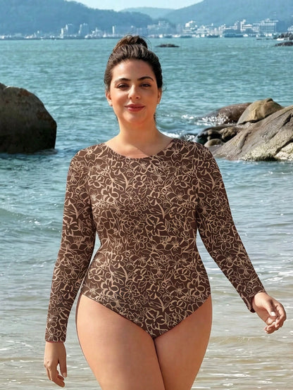 Swim SPRTY Pink Digital Print One-Piece Swimsuit,Long Sleeve Hollow-Out Criss-Cross Back Padded Swimwear For Women Summer Beach Holiday Vacation Holiday