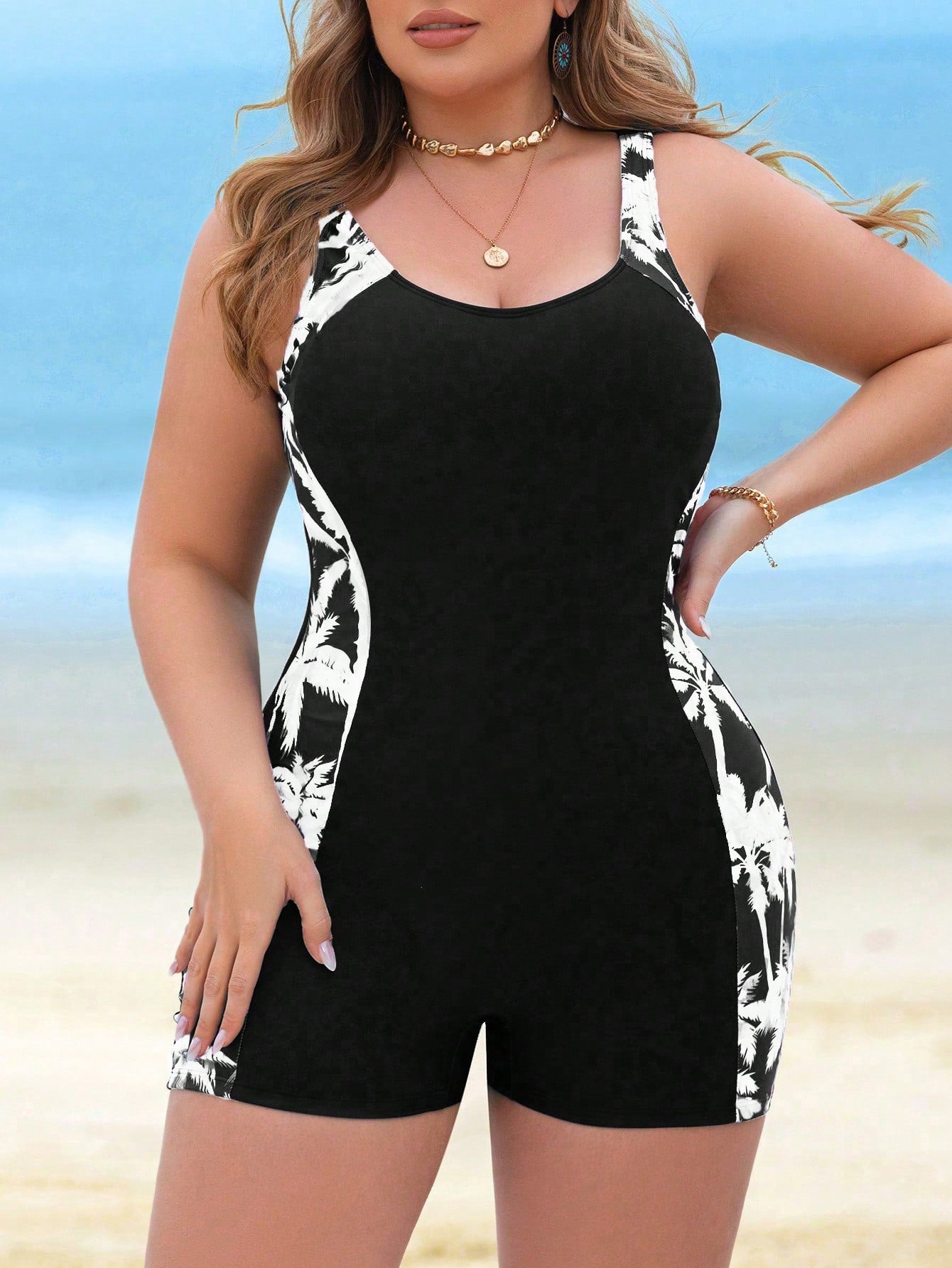 Swim SPRTY Plus Size Women's Random Print Patchwork Palm Tree Print One-Piece Swimsuit, Sexy Slimming Adjustable Straps, Suitable For Vacation