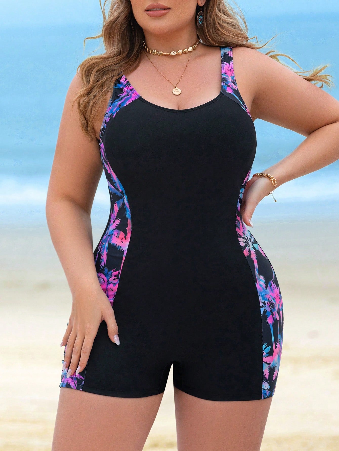 Swim SPRTY Plus Size Women's Random Print Patchwork Palm Tree Print One-Piece Swimsuit, Sexy Slimming Adjustable Straps, Suitable For Vacation