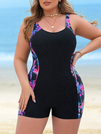 Swim SPRTY Plus Size Women's Random Print Patchwork Palm Tree Print One-Piece Swimsuit, Sexy Slimming Adjustable Straps, Suitable For Vacation