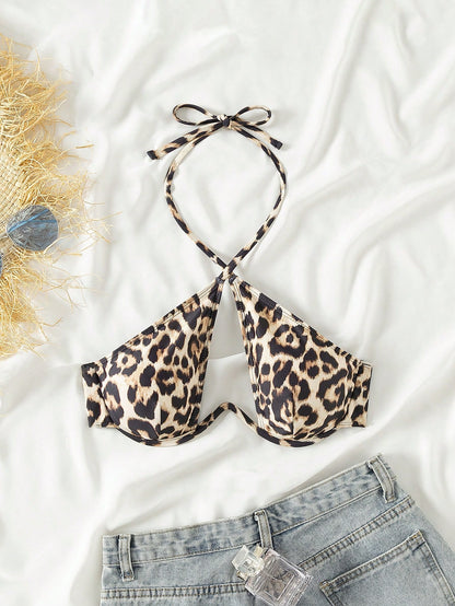 Swim SXY 2025 Leopard Print Hollow Out Halter Neck Swimwear Top (Print Random, With Underwire) Summer