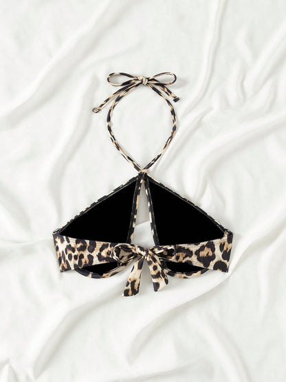 Swim SXY 2025 Leopard Print Hollow Out Halter Neck Swimwear Top (Print Random, With Underwire) Summer