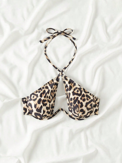 Swim SXY 2025 Leopard Print Hollow Out Halter Neck Swimwear Top (Print Random, With Underwire) Summer