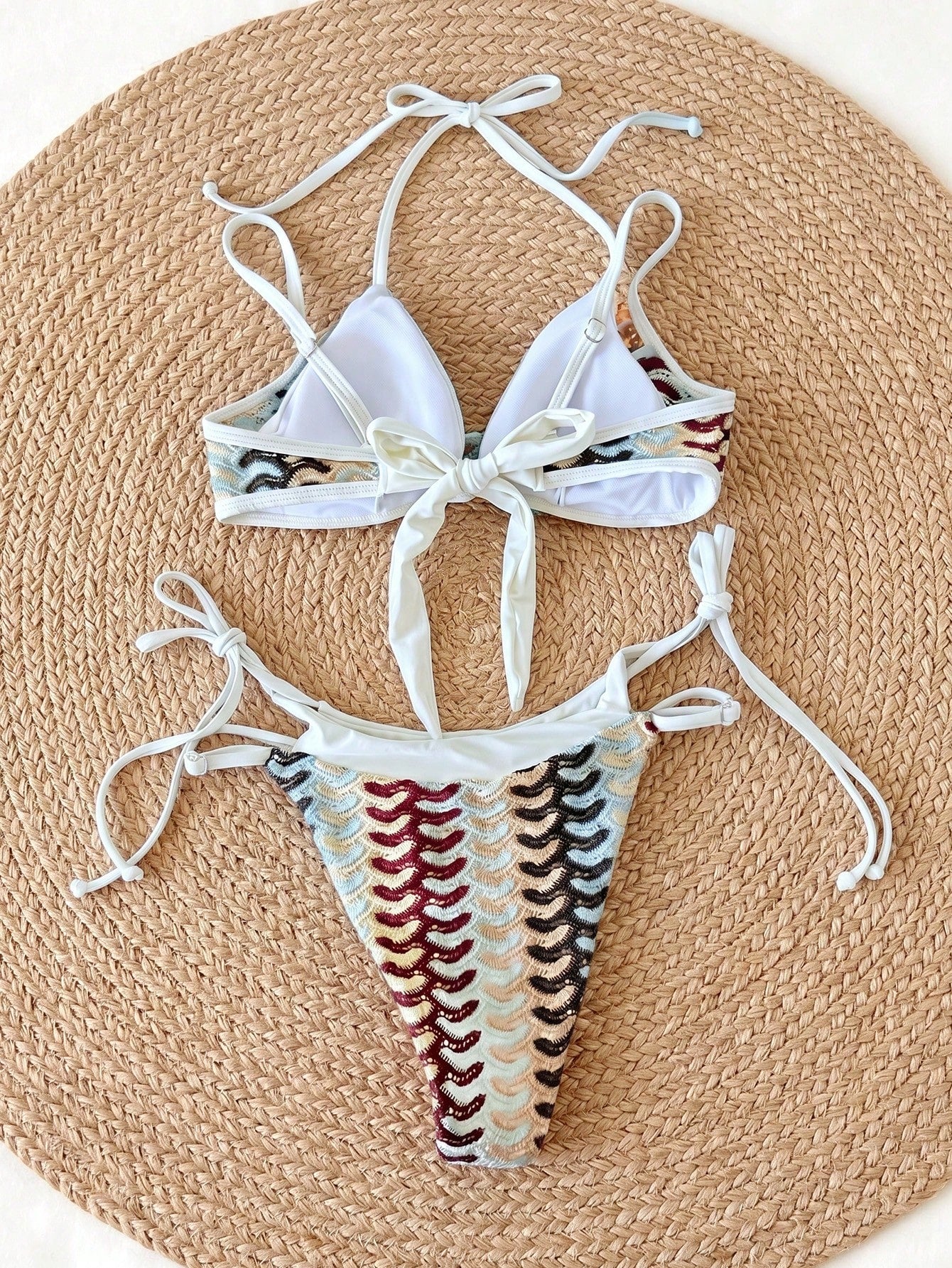 Swim SXY 2026 Latest Fashion Beachwear Sexy Elegant Beige Colorblock Bohemian Vacation Style Knit Hollow Out Fabric 2 In 1 Bikini Swimsuit Set For Women