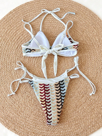 Swim SXY 2026 Latest Fashion Beachwear Sexy Elegant Beige Colorblock Bohemian Vacation Style Knit Hollow Out Fabric 2 In 1 Bikini Swimsuit Set For Women