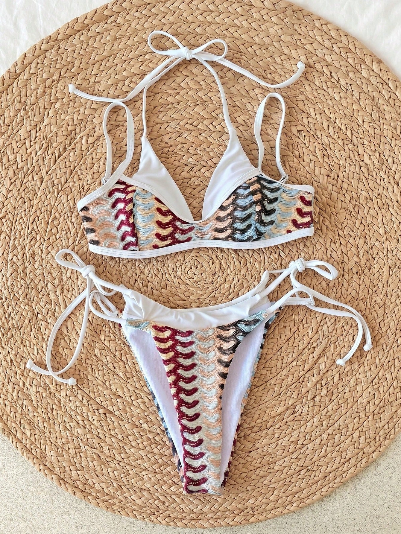 Swim SXY 2026 Latest Fashion Beachwear Sexy Elegant Beige Colorblock Bohemian Vacation Style Knit Hollow Out Fabric 2 In 1 Bikini Swimsuit Set For Women