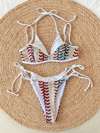 Swim SXY 2026 Latest Fashion Beachwear Sexy Elegant Beige Colorblock Bohemian Vacation Style Knit Hollow Out Fabric 2 In 1 Bikini Swimsuit Set For Women