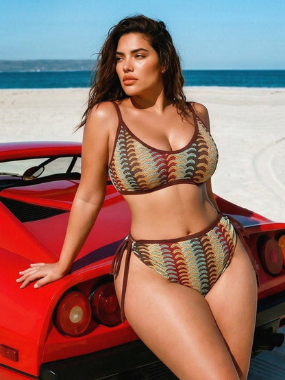 Swim SXY 2026 New Colorful Random Textured Fabric Plus Size 2 Pieces Bikini Set, Suitable For Beach, Resort Wear
