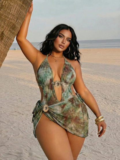 Swim SXY 2026 New Plus Size Women's Summer Fashionable One-Piece Swimsuit With Skirt, Sexy Halter Backless Hollow Vintage Floral Print Beach Party Swimwear 2-Piece Set