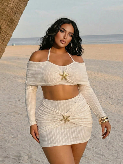 Swim SXY 2026 New Women's Summer Plus Size Fashion Bikini Set Set, Special Fabric, Starfish Trim, Bandeau Sexy Party Holiday Casual Design, 2-Piece Set