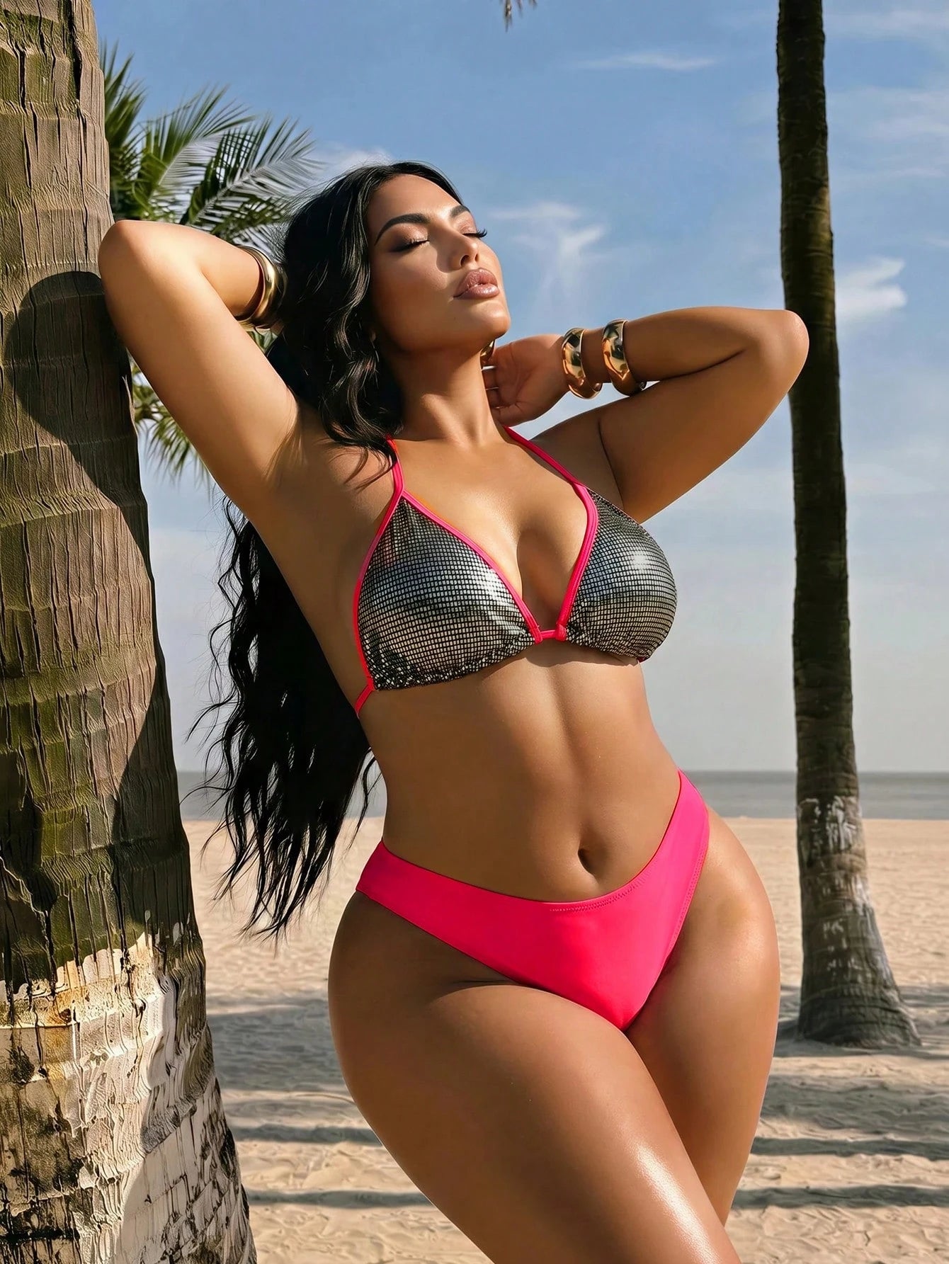 Swim SXY Plus Size Contrast Color Halter Twist Open Back Sexy Bikini Top