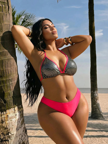 Swim SXY Plus Size Contrast Color Halter Twist Open Back Sexy Bikini Top