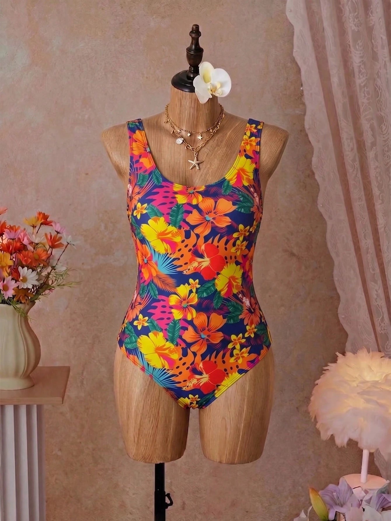 Swim SXY Plus Size One-Piece Swimsuit, Summer Beach Leopard Print Backless One-Piece Swimsuit