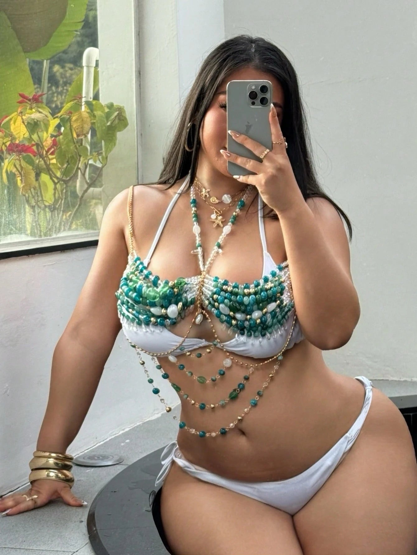 Swim SXY Plus Size Women Beach Beaded Halter Cover Up