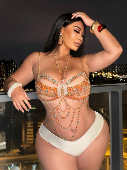 Swim SXY Plus Size Women Beach Beaded Halter Cover Up