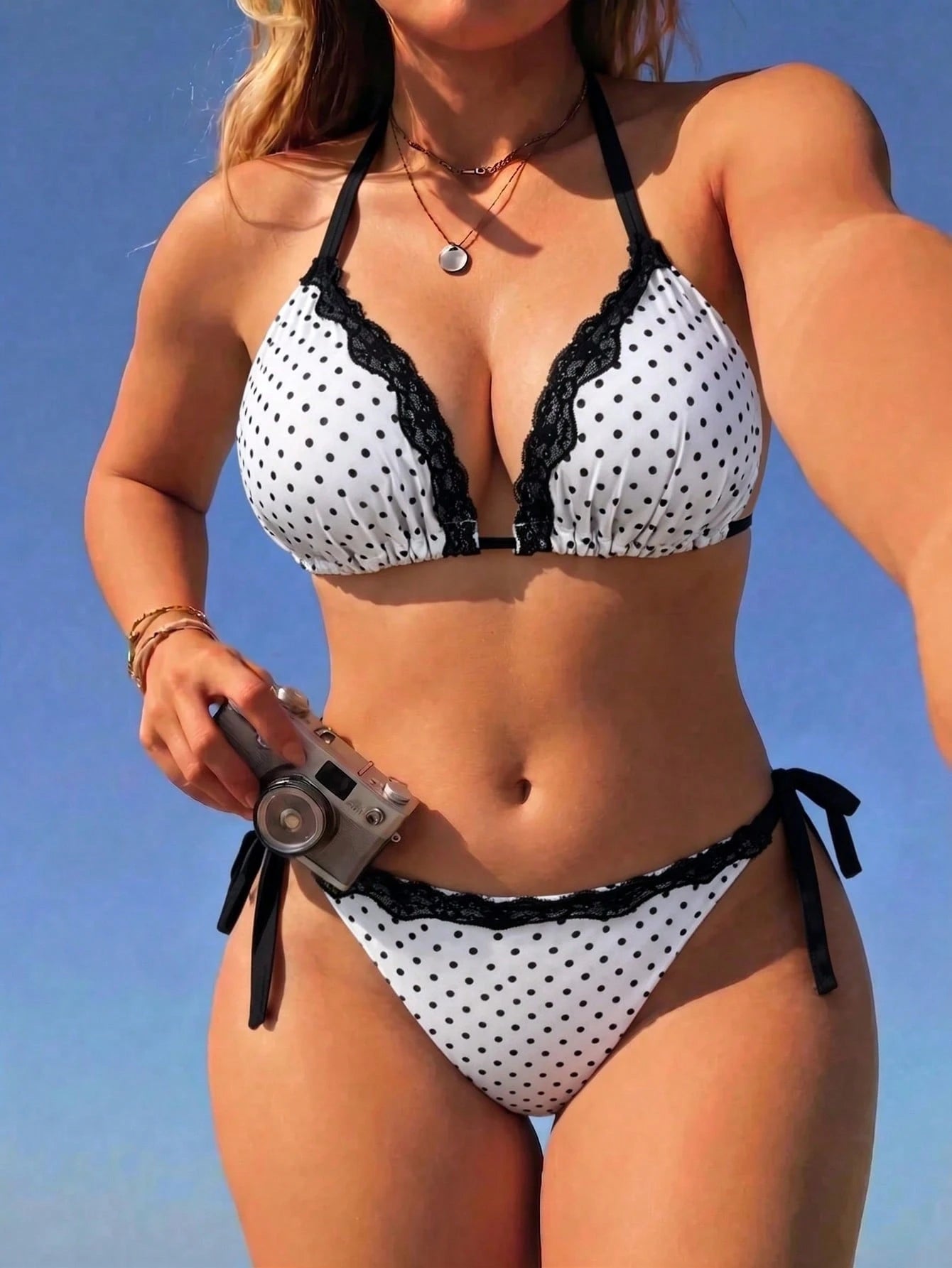 Swim SXY Plus Size Women's Summer White Polka Dot Two Pieces Swimsuit, Vacation Style Triangle Cup Halter Neck Tie Design, Lace Trim Patchwork Cups