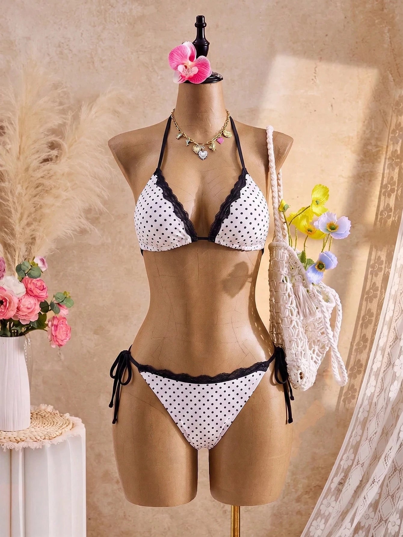 Swim SXY Plus Size Women's Summer White Polka Dot Two Pieces Swimsuit, Vacation Style Triangle Cup Halter Neck Tie Design, Lace Trim Patchwork Cups