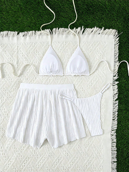Swim SXY Summer Lemon Yellow 3-Piece Bikini Set, Ruched Textured Fabric Triangle Halter Tie-Knot Backless Tie-Up Drawstring Loose Shorts Thong Bottoms, Sexy Sweet Girl Style Holiday Party Beach Wear S