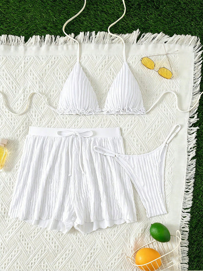Swim SXY Summer Lemon Yellow 3-Piece Bikini Set, Ruched Textured Fabric Triangle Halter Tie-Knot Backless Tie-Up Drawstring Loose Shorts Thong Bottoms, Sexy Sweet Girl Style Holiday Party Beach Wear S