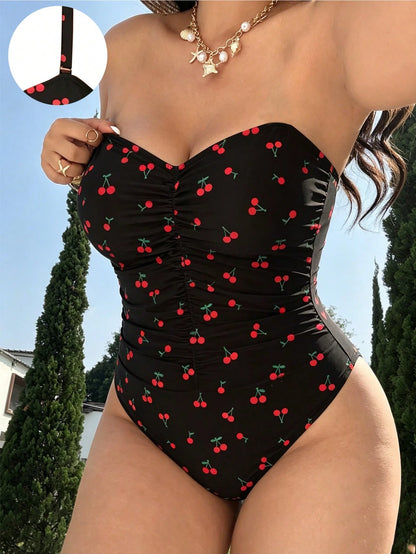 Swim Vcay 2026 New Leopard Print Bandeau Removable Adjustable Shoulder Strap Ruched Front Side Drawstring Waist Cinched Semi-Coverage Hip One-Piece Swimsuit For Women, Simple Elegant Fashion Sexy Beac