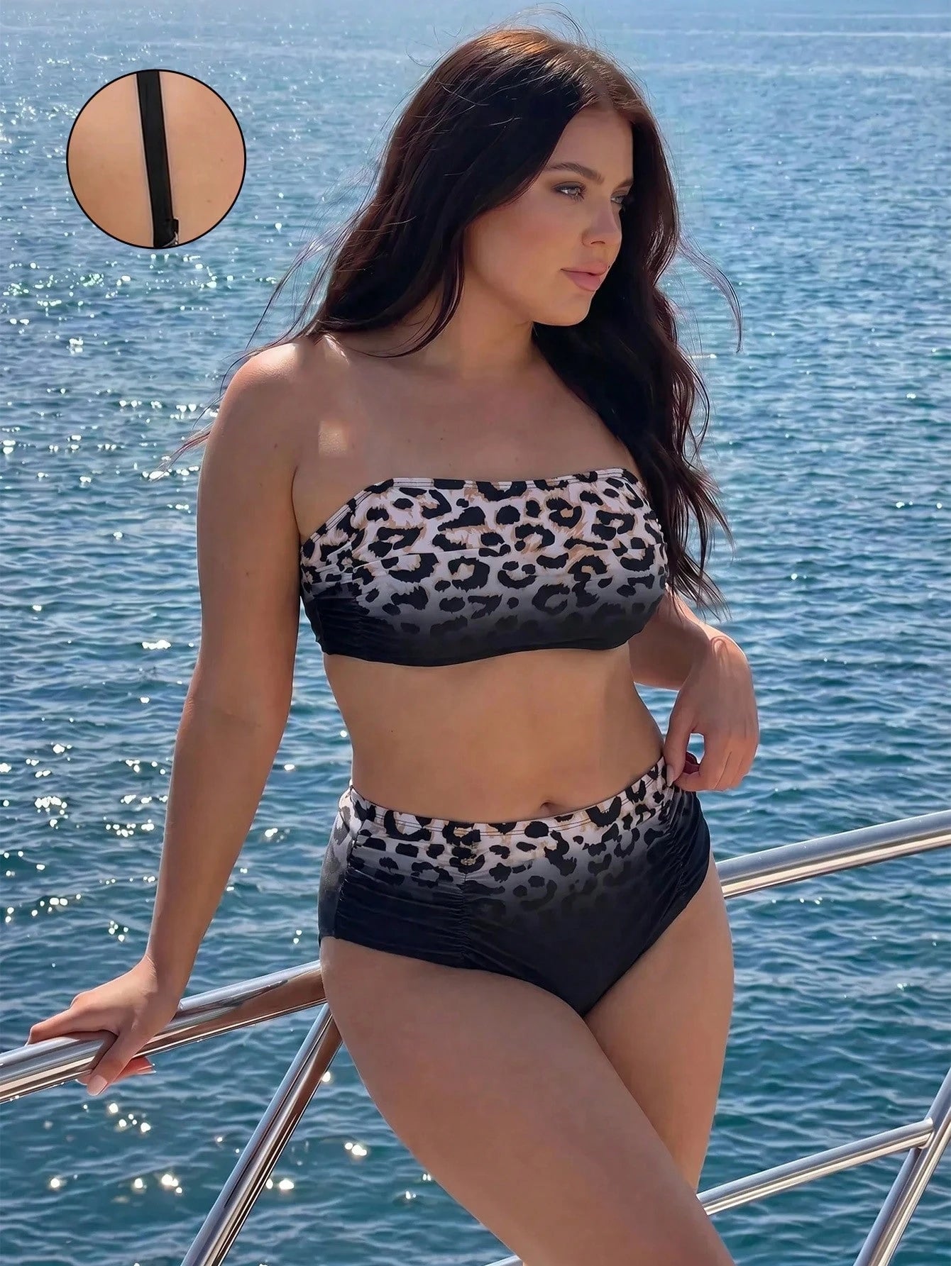 Swim Vcay 2026 New Women's Plus Size Summer Fashion Bikini Set Set, Bandeau Top With Detachable Straps, Gradient Leopard Print, Sexy Casual Vacation Swimwear 2-Piece Set