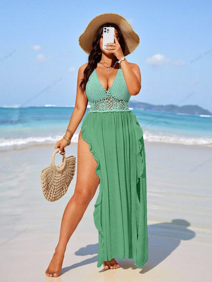 Swim Vcay 2026 Plus Size Crochet Knit Beach Cover-Up Maxi Dress, Vacation Style