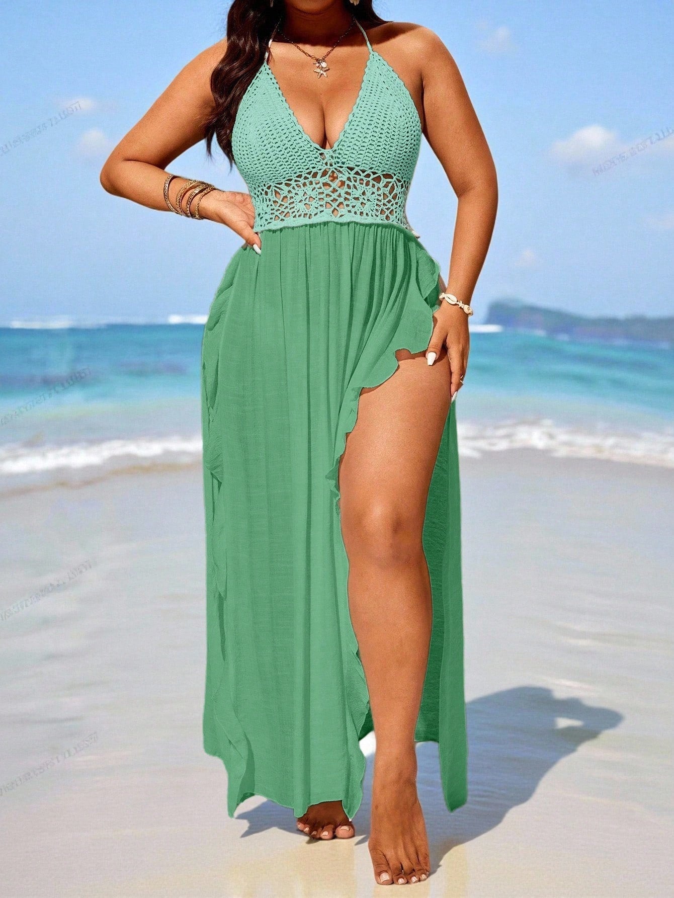 Swim Vcay 2026 Plus Size Crochet Knit Beach Cover-Up Maxi Dress, Vacation Style