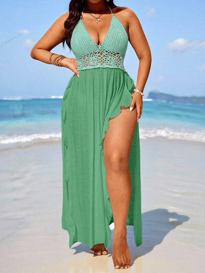 Swim Vcay 2026 Plus Size Crochet Knit Beach Cover-Up Maxi Dress, Vacation Style